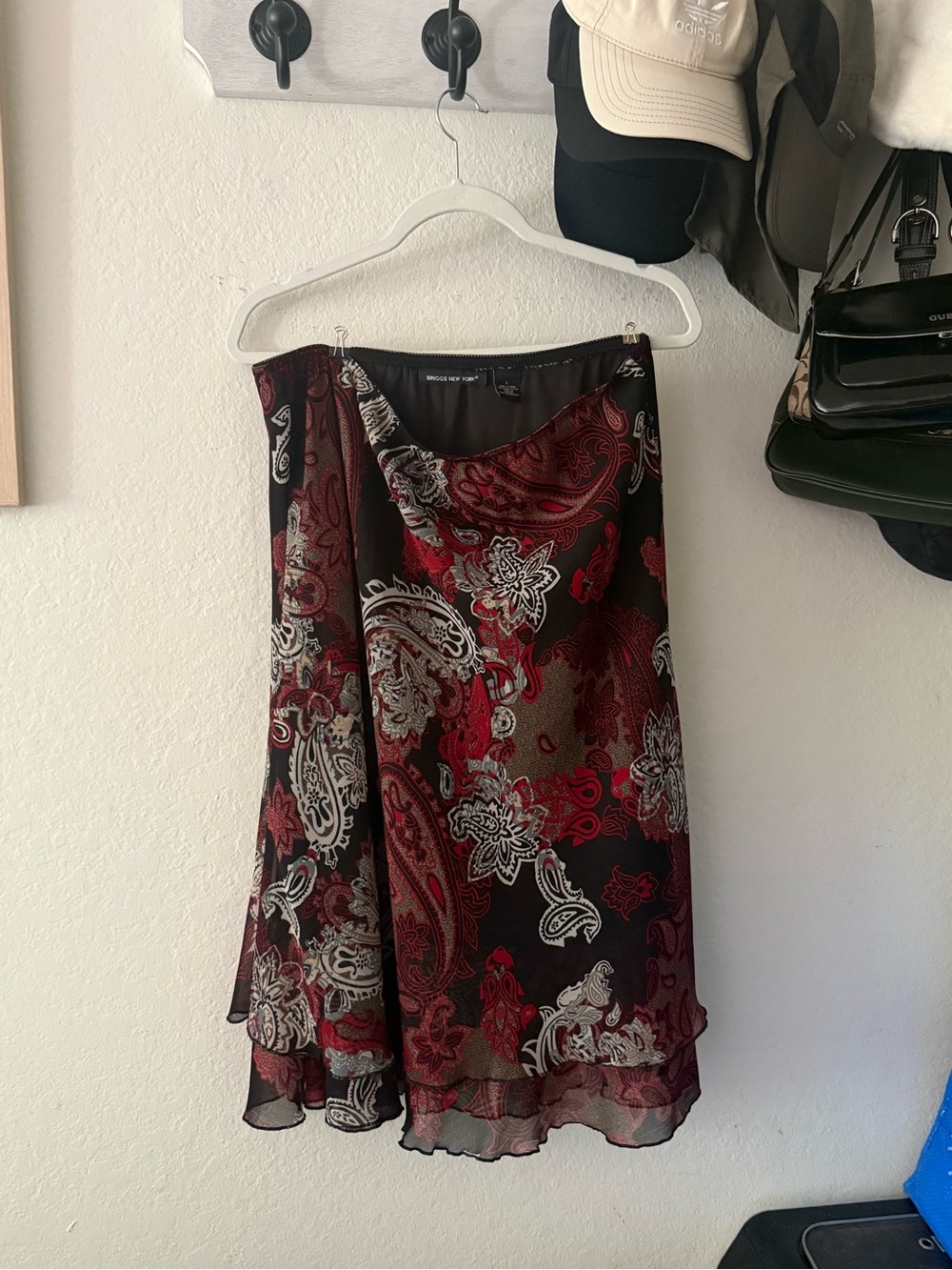 Briggs New York Black and Red Paisley A-Line Midi Skirt